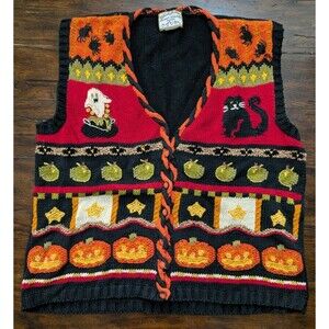 Heirloom Collectibles Halloween Vest Womens 18/20 Knit Sweater Vest Pumpkin Cat